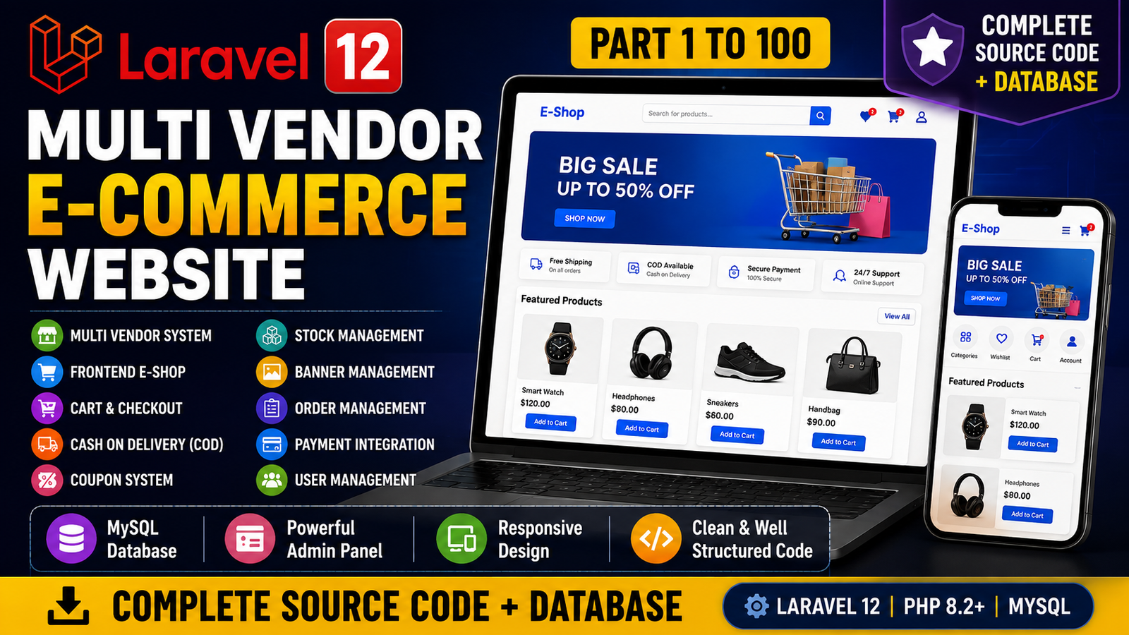 Laravel 12 Multi Vendor E-commerce Website (Part 1 to 100) Source Code