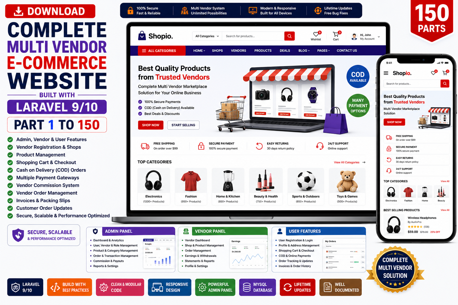 Multi Vendor E-commerce Website in Laravel 9/10 (Part 1 to 150)