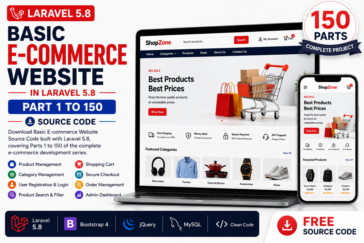Basic E-commerce Website in Laravel 5.8 (Part 1 to 150) Source Code