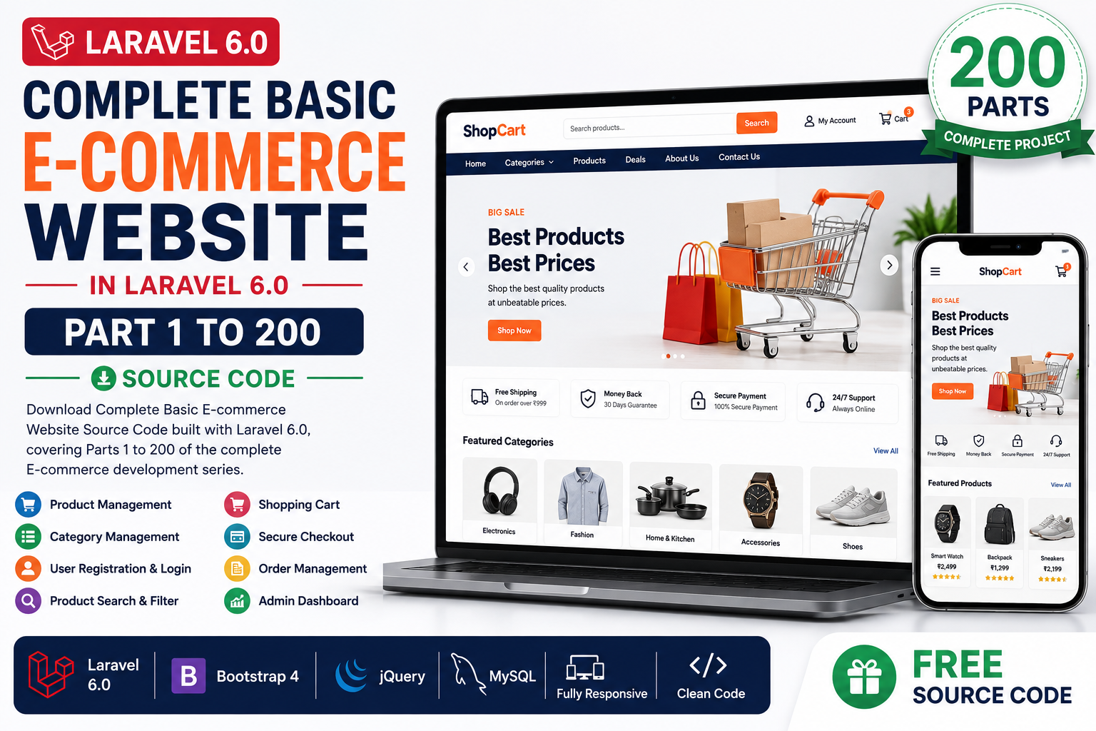 Complete Basic E-commerce Website in Laravel 6.0 (Part 1 to 200) Source Code